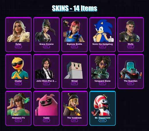 [PC/XBOX/PSN] | Dylan | Grace Crowne | Explorer Emilie | Sonic the Hedgehog | Wolfe | 14 skin | 25 pickaxe | 15 emote | 19 glider | Lv201 — Game account