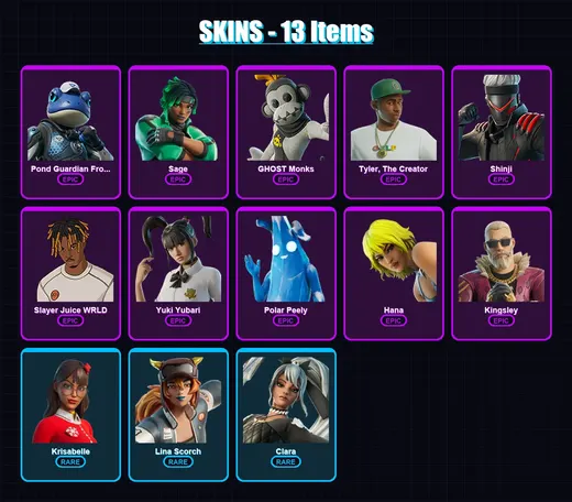 [PS4/PS5/XBOX/PC] | Pond Guardian Froggory | Sage | GHOST Monks | Tyler, The Creator | Shinji | 13 skin | 78 pickaxe | 29 emote | 47 glider | Lv969 — Game account