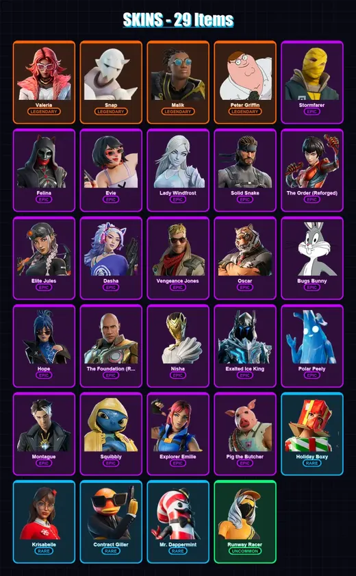 [PS4/PS5/XBOX/PC] | Valeria | Snap | Malik | Peter Griffin | Stormfarer | 29 skin | 86 pickaxe | 49 emote | 68 glider | Lv954 — Game account