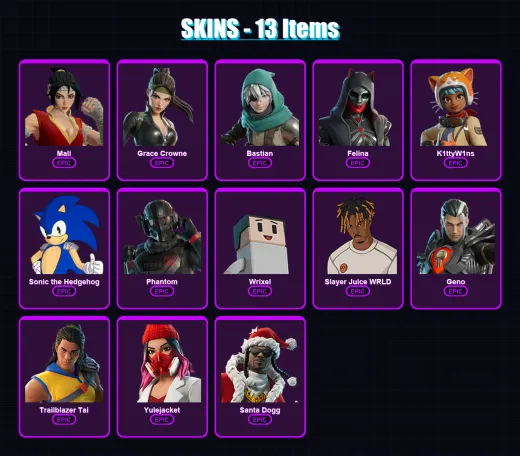 [PC/XBOX/PSN] | Mali | Grace Crowne | Bastian | Felina | K1ttyW1ns | 13 skin | 58 pickaxe | 23 emote | 42 glider | Lv741