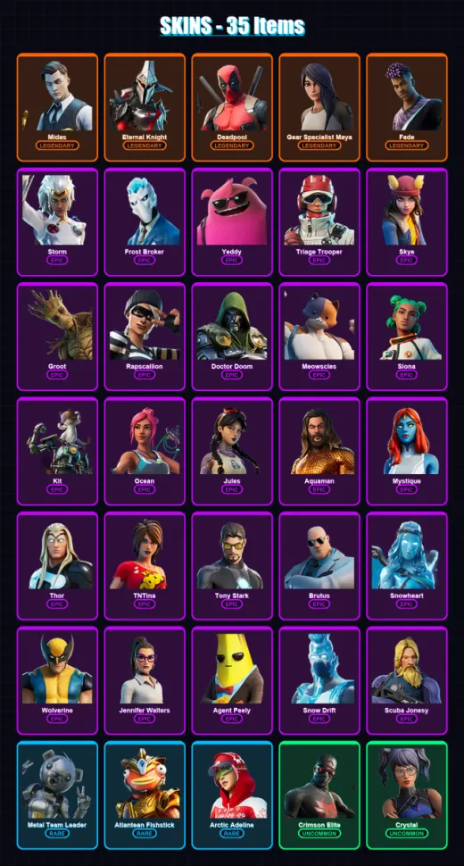 [PC/XBOX/PSN] | Midas | Eternal Knight | Deadpool | Gear Specialist Maya | Fade | 35 skin | 56 pickaxe | 46 emote | 50 glider | Lv796