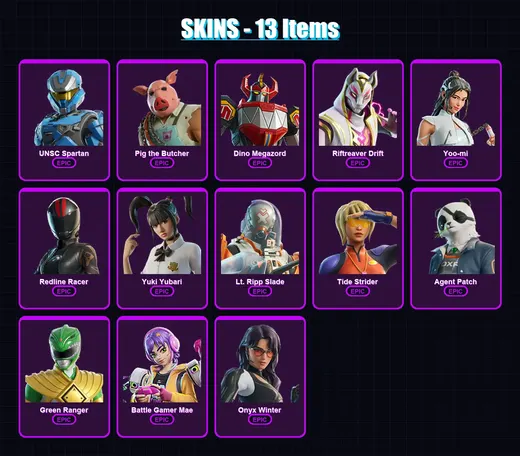 [PC/PSN] | UNSC Spartan | Pig the Butcher | Dino Megazord | Riftreaver Drift | Yoo-mi | 13 skin | 25 pickaxe | 18 emote | 16 glider | Lv147
