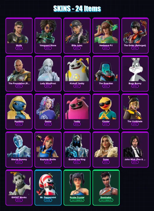 [PC/PSN] | Wolfe | Vanguard Slone | Elite Jules | Heatwave PJ | The Order (Reforged) | 24 skin | 48 pickaxe | 27 emote | 37 glider | Lv700
