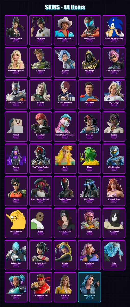[PC] | Grace Crowne | Yuki Yubari | Die With A Smile Bruno | Maxx Speed | Sonic the Hedgehog | 44 skin | 41 pickaxe | 23 emote | 19 glider | Lv181