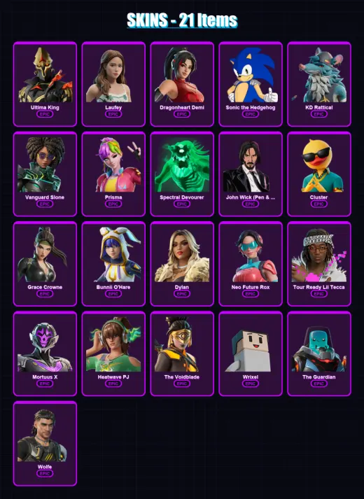 [PC/XBOX/PSN] | Ultima King | Laufey | Dragonheart Demi | Sonic the Hedgehog | KD Rattical | 21 skin | 22 pickaxe | 12 emote | 15 glider | Lv94