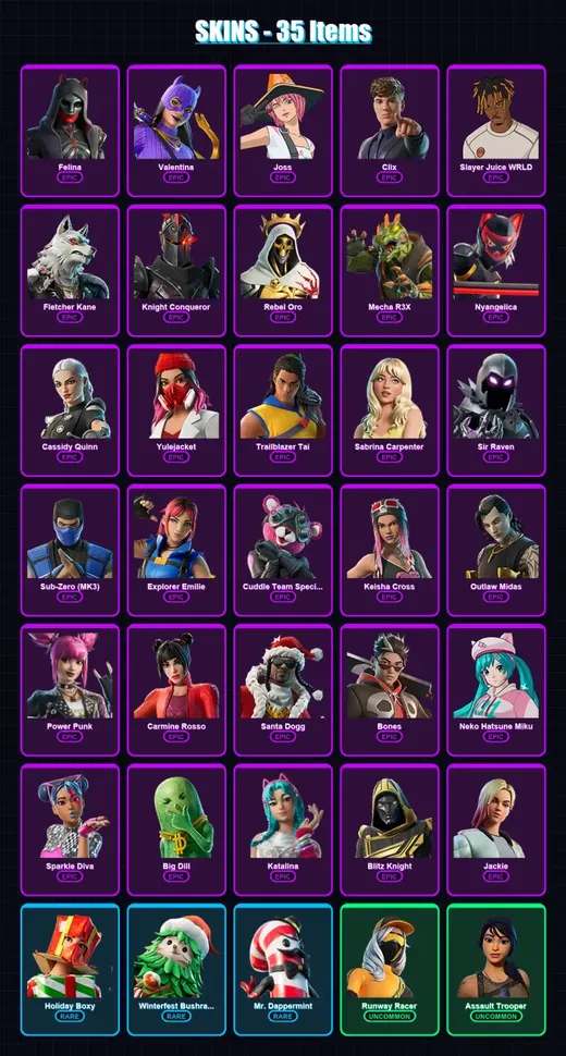 [PC/PSN] | Felina | Valentina | Joss | Clix | Slayer Juice WRLD | 35 skin | 74 pickaxe | 43 emote | 51 glider | Lv876
