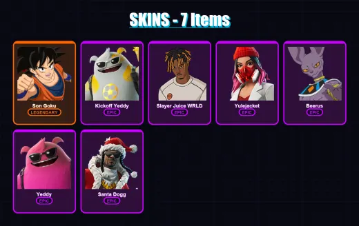 [PC/XBOX/PSN] | Son Goku | Kickoff Yeddy | Slayer Juice WRLD | Yulejacket | Beerus | 7 skin | 34 pickaxe | 10 emote | 22 glider | Lv264