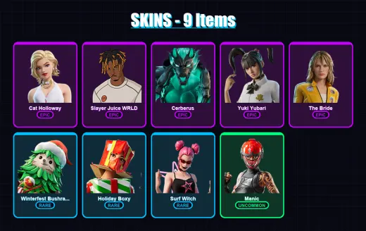 [PC/XBOX/PSN] | Cat Holloway | Slayer Juice WRLD | Cerberus | Yuki Yubari | The Bride | 9 skin | 31 pickaxe | 14 emote | 23 glider | Lv234