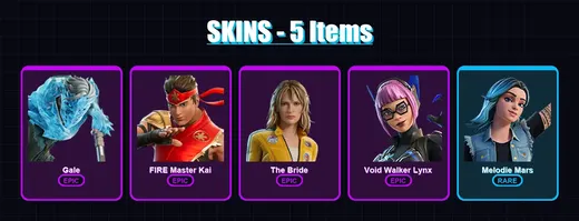 [PC/PSN] | Gale | FIRE Master Kai | The Bride | Void Walker Lynx | Melodie Mars | 5 skin | 6 pickaxe | 4 emote | 2 glider | Lv11