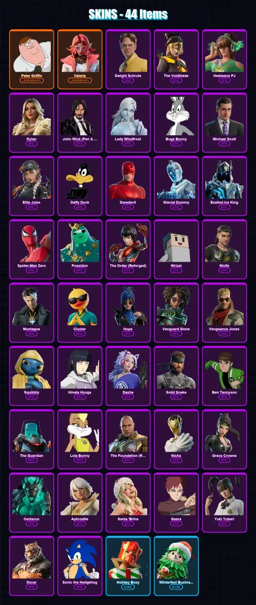 [PC/XBOX/PSN] | Peter Griffin | Valeria | Dwight Schrute | The Voidblade | Heatwave PJ | 44 skin | 77 pickaxe | 45 emote | 58 glider | Lv760