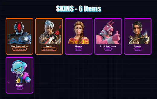 [PC/XBOX/PSN] | The Foundation | Ronin | Haven | Lt. John Llama | Shanta | 6 skin | 9 pickaxe | 11 emote | 10 glider | Lv168