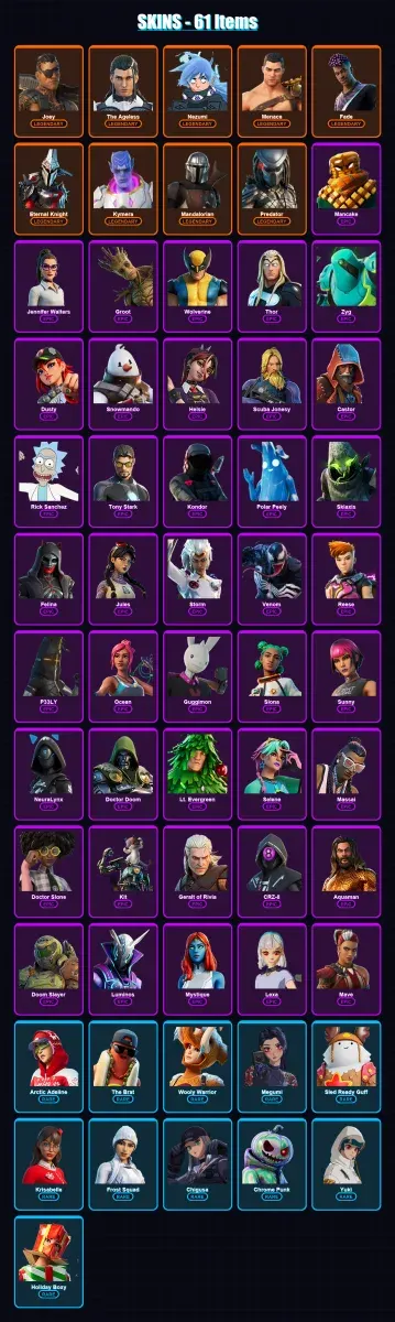 [PC/XBOX] | Joey | The Ageless | Nezumi | Menace | Fade | 61 skin | 86 pickaxe | 69 emote | 89 glider | Lv1555