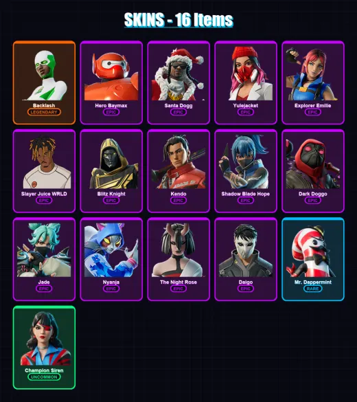 [PC/XBOX/PSN] | Backlash | Hero Baymax | Santa Dogg | Yulejacket | Explorer Emilie | 16 skin | 55 pickaxe | 26 emote | 32 glider | Lv607