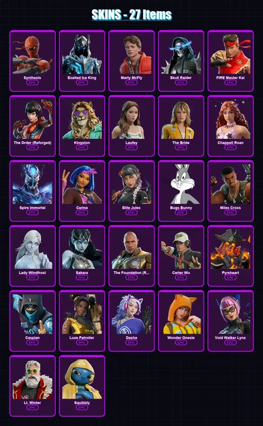[PC/PSN] | Synthesis | Exalted Ice King | Marty McFly | Skull Raider | FIRE Master Kai | 27 skin | 40 pickaxe | 27 emote | 29 glider | Lv297