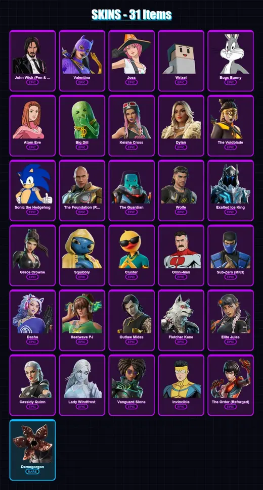 [PC/XBOX/PSN] | John Wick (Pen & Ink) | Valentina | Joss | Wrixel | Bugs Bunny | 31 skin | 61 pickaxe | 39 emote | 44 glider | Lv520