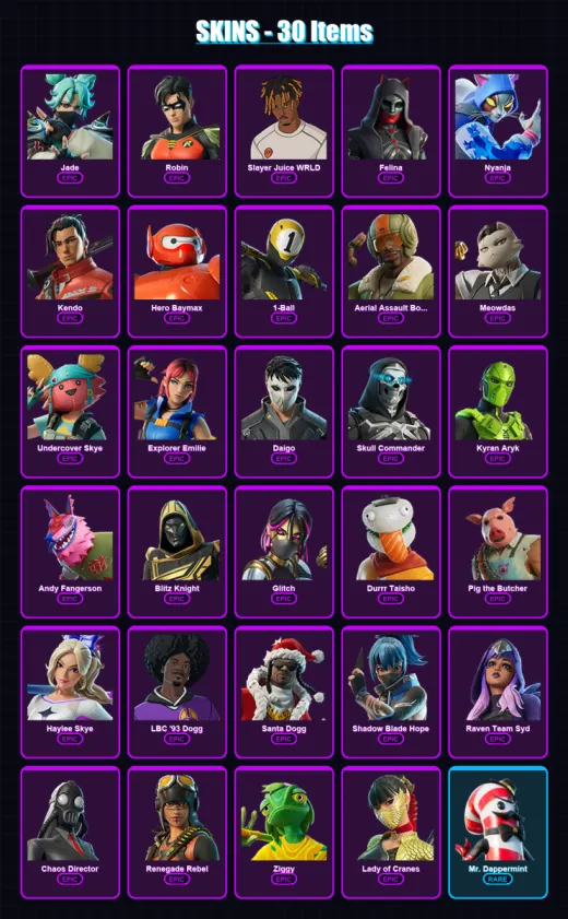 [PC/XBOX] | Jade | Robin | Slayer Juice WRLD | Felina | Nyanja | 30 skin | 60 pickaxe | 30 emote | 38 glider | Lv388
