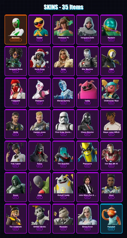 [PC/XBOX] | Backlash | Cluster | Heatwave PJ | Vanguard Zadie | Mysterio | 35 skin | 119 pickaxe | 55 emote | 78 glider | Lv1287