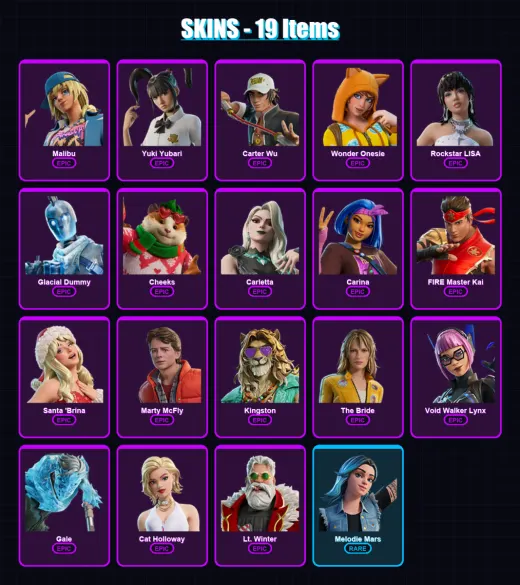 [PC/PSN] | Malibu | Yuki Yubari | Carter Wu | Wonder Onesie | Rockstar LISA | 19 skin | 26 pickaxe | 18 emote | 16 glider | Lv94