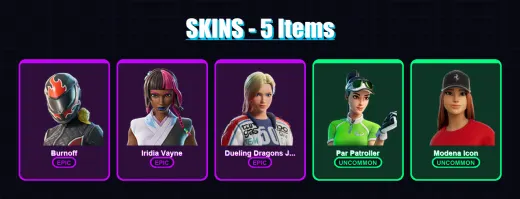 [PS4/PS5/XBOX/PC] | Burnoff | Iridia Vayne | Dueling Dragons Jackie | Par Patroller | Modena Icon | 5 skin | 25 pickaxe | 11 emote | 17 glider | Lv2