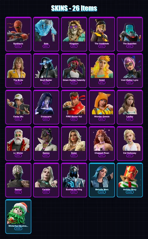 [PC/PSN] | Synthesis | Gale | Kingston | The Voidblade | The Guardian | 26 skin | 30 pickaxe | 21 emote | 20 glider | Lv177