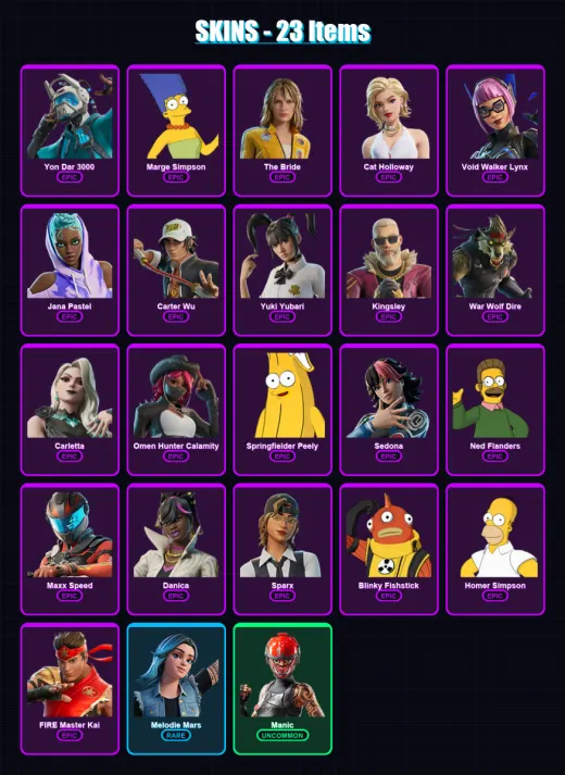 [PS4/PS5/XBOX/PC] | Yon Dar 3000 | Marge Simpson | The Bride | Cat Holloway | Void Walker Lynx | 23 skin | 32 pickaxe | 21 emote | 13 glider | Lv112