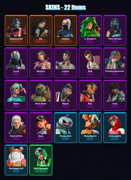 [PC/XBOX/PSN] | Optimus Prime | Era | Catalyst | Lt. Evergreen | Tilted Teknique | 22 skin | 37 pickaxe | 41 emote | 46 glider | Lv621