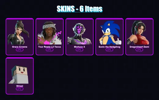 [PC/PSN] | Grace Crowne | Tour Ready Lil Tecca | Mortuus X | Sonic the Hedgehog | Dragonheart Demi | 6 skin | 8 pickaxe | 3 emote | 5 glider | Lv28