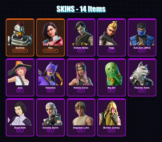 [PC/XBOX/PSN] | Sentinel | Rox | Outlaw Midas | Vega | Sub-Zero (MK3) | 14 skin | 32 pickaxe | 32 emote | 29 glider | Lv415 — Game account