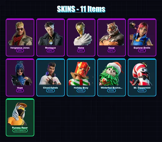 [PC/PSN] | Vengeance Jones | Montague | Nisha | Oscar | Explorer Emilie | 11 skin | 10 pickaxe | 5 emote | 10 glider | Lv87 — Game account