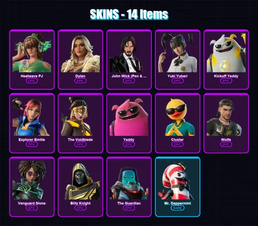 [PC/XBOX] | Heatwave PJ | Dylan | John Wick (Pen & Ink) | Yuki Yubari | Kickoff Yeddy | 14 skin | 42 pickaxe | 23 emote | 38 glider | Lv381