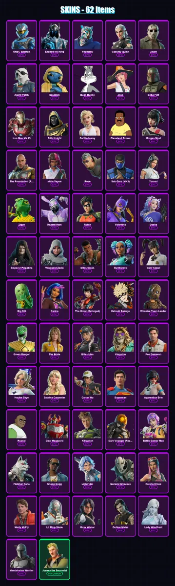 [PS4/PS5/XBOX/PC] | UNSC Spartan | Exalted Ice King | Flightalis | Cassidy Quinn | Jason | 62 skin | 110 pickaxe | 67 emote | 76 glider | Lv1490