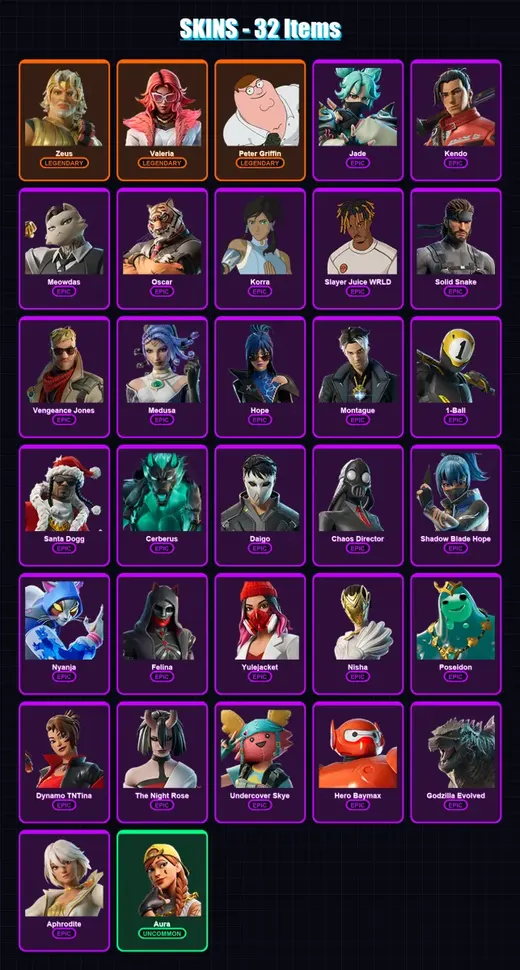 [PC/XBOX/PSN] | Zeus | Valeria | Peter Griffin | Jade | Kendo | 32 skin | 48 pickaxe | 35 emote | 36 glider | Lv448
