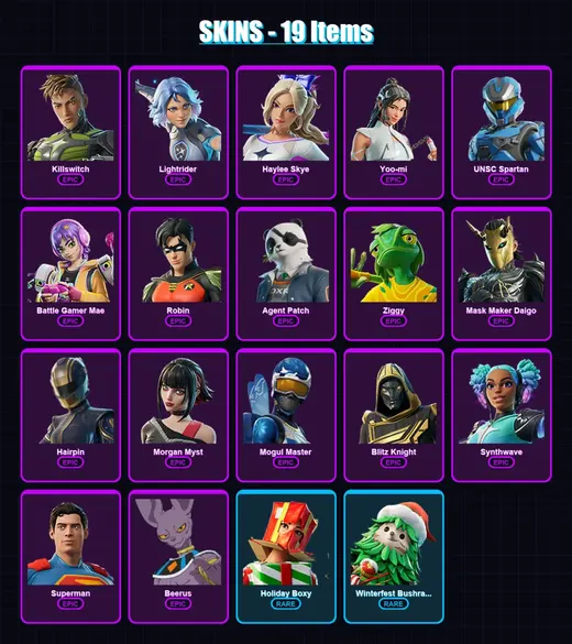 [PC/XBOX] | Killswitch | Lightrider | Haylee Skye | Yoo-mi | UNSC Spartan | 19 skin | 35 pickaxe | 19 emote | 27 glider | Lv253