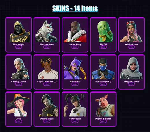 [PC/PSN] | Blitz Knight | Fletcher Kane | Santa Shaq | Big Dill | Keisha Cross | 14 skin | 65 pickaxe | 31 emote | 42 glider | Lv473