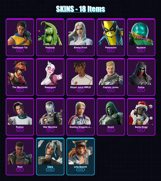 [PS4/PS5/XBOX/PC] | Trailblazer Tai | Peabody | Emma Frost | Peelverine | Mysterio | 18 skin | 52 pickaxe | 30 emote | 38 glider | Lv397