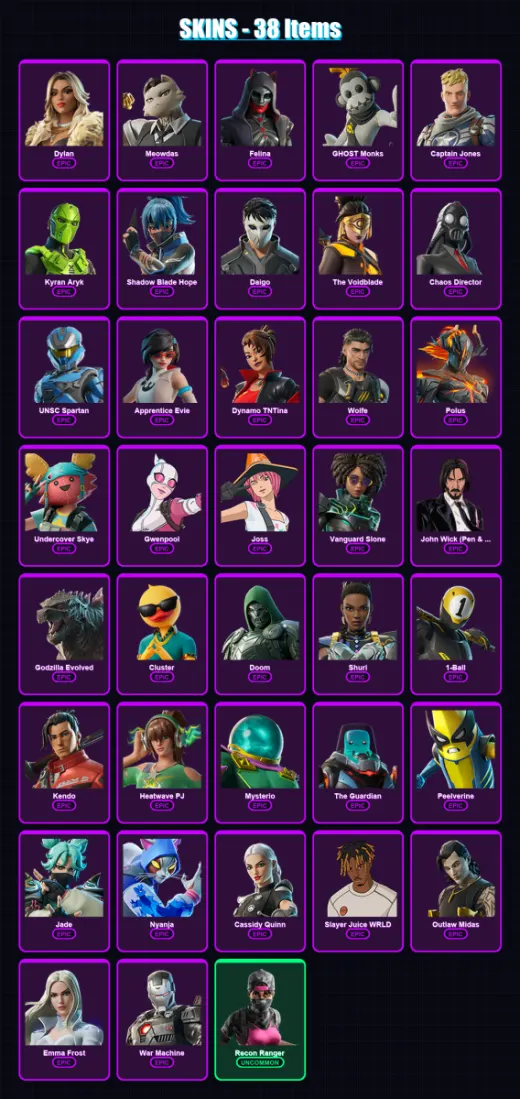 [PC/XBOX/PSN] | Dylan | Meowdas | Felina | GHOST Monks | Captain Jones | 38 skin | 64 pickaxe | 40 emote | 47 glider | Lv485