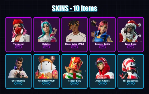 [PC/XBOX/PSN] | Yulejacket | Katalina | Slayer Juice WRLD | Explorer Emilie | Santa Dogg | 10 skin | 32 pickaxe | 15 emote | 23 glider | Lv223