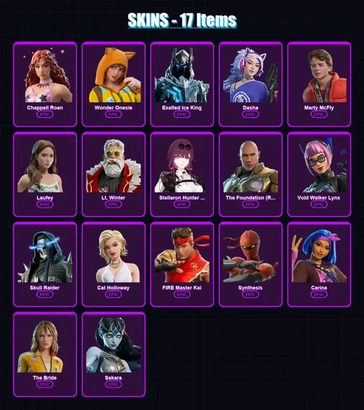 [PC/XBOX/PSN] | Chappell Roan | Wonder Onesie | Exalted Ice King | Dasha | Marty McFly | 17 skin | 26 pickaxe | 13 emote | 20 glider | Lv105 — Game account