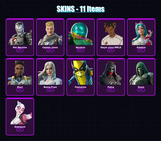 [PS4/PS5/PC] | War Machine | Captain Jones | Mysterio | Slayer Juice WRLD | Katalina | 11 skin | 28 pickaxe | 17 emote | 18 glider | Lv213 — Game account