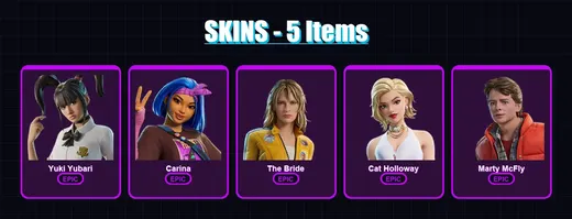 [PC/XBOX/PSN] | Yuki Yubari | Carina | The Bride | Cat Holloway | Marty McFly | 5 skin | 22 pickaxe | 12 emote | 14 glider | Lv152
