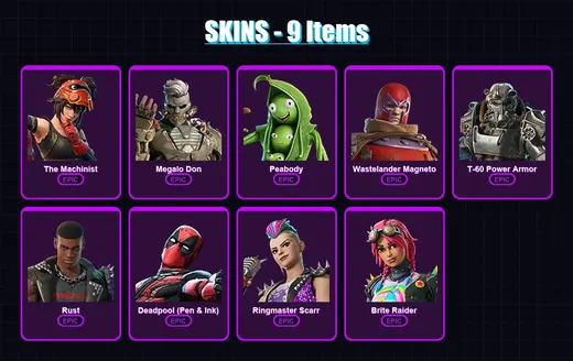 [PC/XBOX/PSN] | The Machinist | Megalo Don | Peabody | Wastelander Magneto | T-60 Power Armor | 9 skin | 18 pickaxe | 11 emote | 18 glider | Lv245