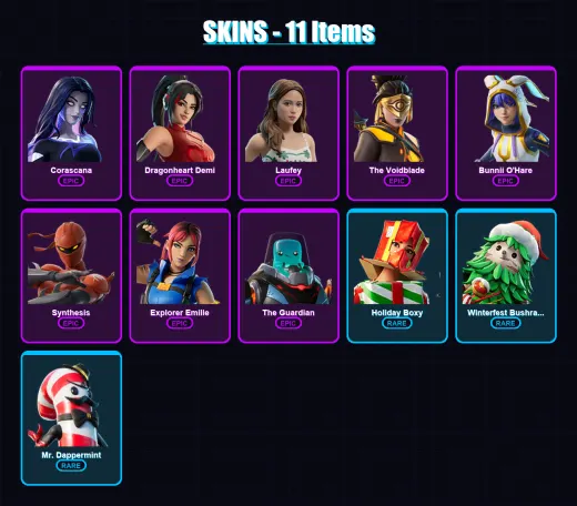 [PC/XBOX/PSN] | Corascana | Dragonheart Demi | Laufey | The Voidblade | Bunnii O'Hare | 11 skin | 7 pickaxe | 3 emote | 8 glider | Lv40