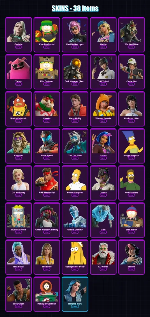 [PC/XBOX/PSN] | Carletta | Kyle Broflovski | Void Walker Lynx | Malibu | War Wolf Dire | 38 skin | 63 pickaxe | 40 emote | 37 glider | Lv458