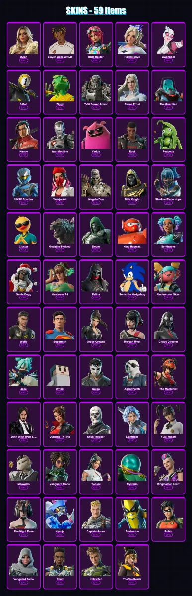 [PC/PSN] | Dylan | Slayer Juice WRLD | Brite Raider | Haylee Skye | Gwenpool | 59 skin | 124 pickaxe | 72 emote | 87 glider | Lv1367