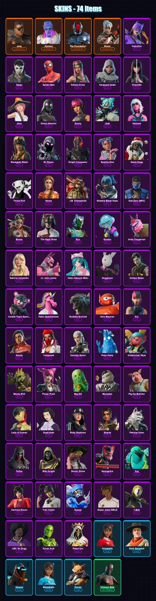 [PC/PSN] | Joey | Kymera | The Foundation | Ronin | Valentina | 74 skin | 137 pickaxe | 84 emote | 94 glider | Lv1506