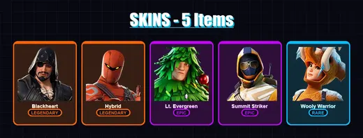 [SWITCH/XBOX/PSN/PC] | Blackheart | Hybrid | Lt. Evergreen | Summit Striker | Wooly Warrior | 5 skin | 5 pickaxe | 9 emote | 8 glider | Lv120 — Game account