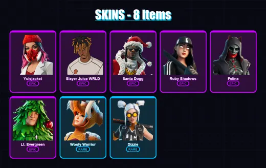 [PC/XBOX] | Yulejacket | Slayer Juice WRLD | Santa Dogg | Ruby Shadows | Felina | 8 skin | 57 pickaxe | 33 emote | 45 glider | Lv756