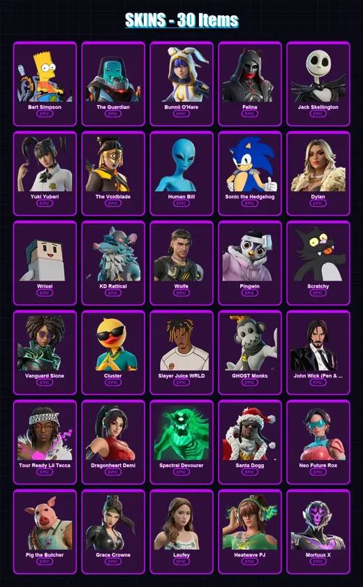 [PC/PSN] | Bart Simpson | The Guardian | Bunnii O'Hare | Felina | Jack Skellington | 30 skin | 99 pickaxe | 41 emote | 59 glider | Lv904