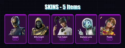 [PS4/PS5/XBOX/PC] | Hairpin | Blitz Knight | Yuki Yubari | Explorer Luna | Pixelle | 5 skin | 34 pickaxe | 16 emote | 19 glider | Lv313 — Game account
