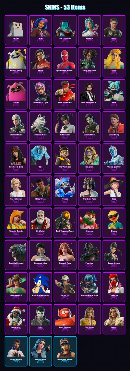 [PC/XBOX/PSN] | Wrixel | Carina | The Guardian | Katalina | Wolfe | 53 skin | 84 pickaxe | 46 emote | 54 glider | Lv598